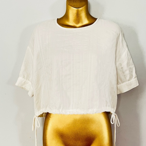 Zara White Textured Crop Top Size Small | Minimal Chic Drawstring Hem Blouse - Picture 2 of 5